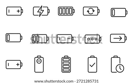 icon set representing various battery charge levels, charging states, and energy status.