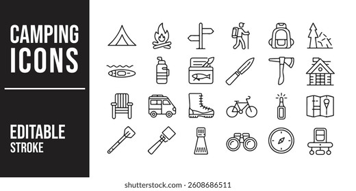 Icon set representing various camping elements, including a tent, campfire, backpack, and hiking boots in a minimalistic style	