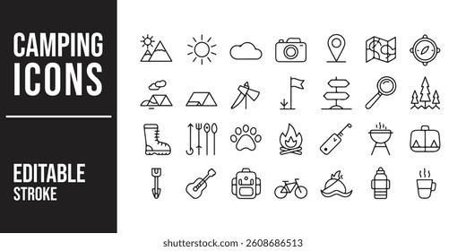 Icon set representing various camping elements, including a tent, campfire, backpack, and hiking boots in a minimalistic style	