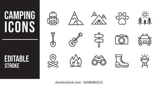 Icon set representing various camping elements, including a tent, campfire, backpack, and hiking boots in a minimalistic style	