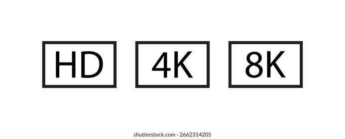 Video conjunto de iconos que representan las resoluciones HD, 4K y 8K, adecuado para proyectos multimedia y relacionados con la tecnología.