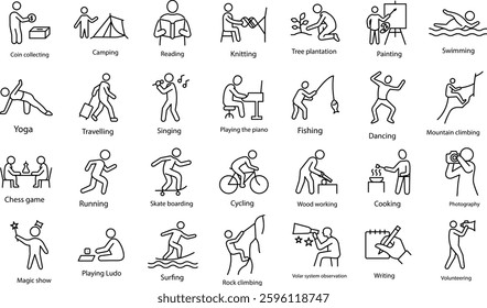 Icon Set Representing a Wide Range of Exciting Hobbies and Activities.