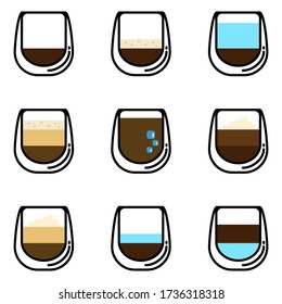 Icon set of resh coffee menu, espresso shot, latte,mocha,lungo,americano,cappuccino with whip cream.