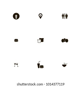 icon set Restaurant with cafe location, coffee, soda and wine glasses