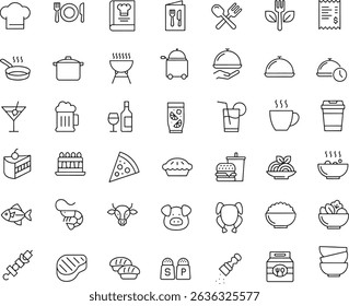 Icon set of restaurant cuisine menu dish meal beverage symbols . Editable stroke. Thin line icons illustrations.