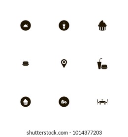 icon set Restaurant with cupcake, evening meal, fastfood location and bakery