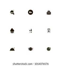 icon set Restaurant with jar, dish on hand, cupcake and knife