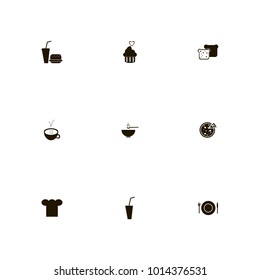 icon set Restaurant with soda and burger, plate, cupcake and cool