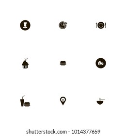 icon set Restaurant with tasty, kitchen, chef on black and soup