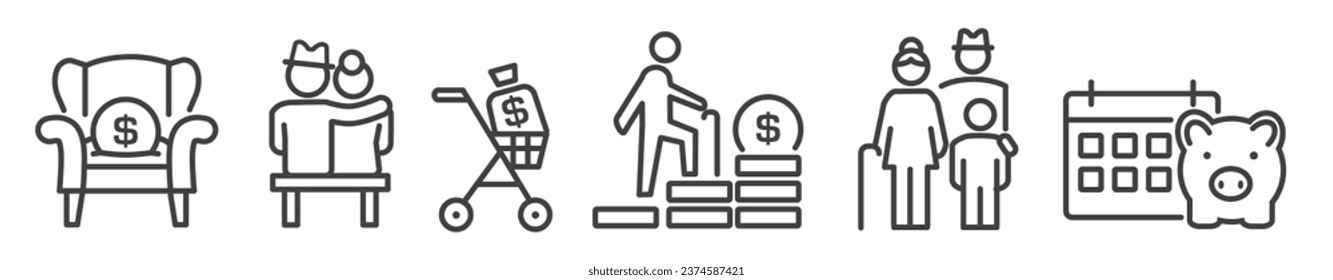 Icon Set of retirement planning, elderly couple and pension - Vector Illustration - Editable Thin Line Icons Collection on white Background for Web and Print