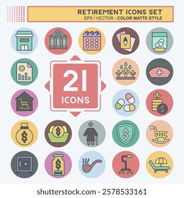 Icon Set Retirement. related to Investation symbol. color mate style. design editable