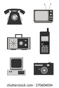 Icon set of retro electronics devices in black and white - telephone, television, radio, mobile phone, computer and camera.