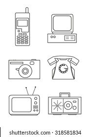 Icon set of retro electronics devices in contour