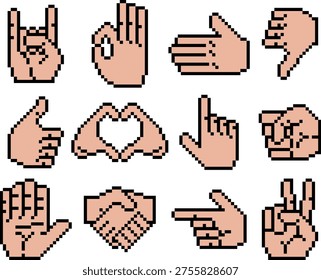 Icon set retro pixel art hands. Thumbs up, peace sign, Pointing, OK, handshake, pointing, rock on, and heart hands gestures. With 8 bit nostalgic, vintage style. UI or games icons with classic vibe.