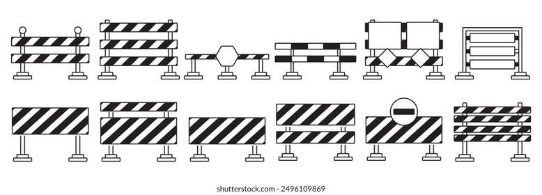 Icon set of road closure signs, road dividers and road repair safety signs, road blocks and pedestrian barriers flat icons isolated on transparent background flat vector illustration. Eps10