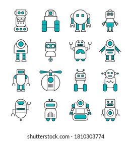 icon set of robotics and robots over white background, half line half color style, vector illustration