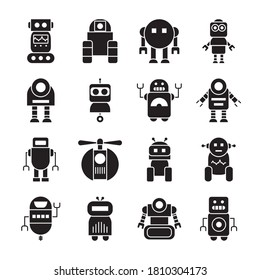 icon set of robotics and robots over white background, silhouette style, vector illustration