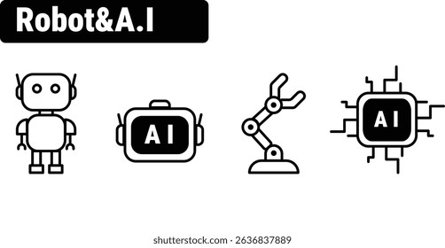icon set of robots and artificial intelligence, robotic arms, and humanoid bots