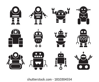 icon set of robots and robotics over white background, silhouette style, vector illustration