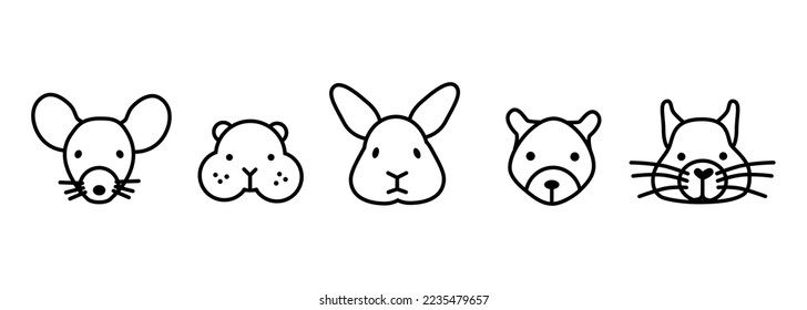 Icon set of rodents. Outline web collection consists of cartoon faces: mouse, hamster, rabbit, bunny, gerbil, degu. Vector illustration of pets in line style for vet and pet shop