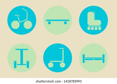 Icon set: rollers, bike, scooter, skateboard. 