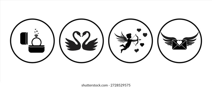 Conjunto de ícones de silhuetas românticas incluindo um anel de noivado de diamante, um cisne formando um coração, Cupido com um arco, e uma carta de amor voadora, ilustração vetorial