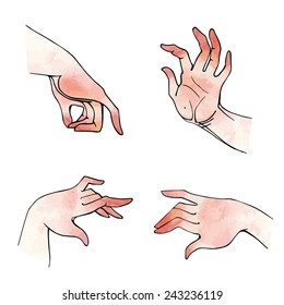  Icon set of romantic watercolor hands. Isolated on white background