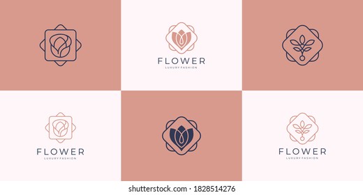 icon set rose vector illustration. creative minimalist flower rose logo with frame design. roses vector inspiration