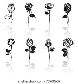 Icon set of Roses with reflections