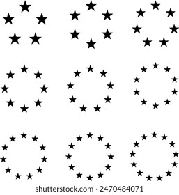 Icon set of round circle frames of stars for award seal emblem. Circular star rating icons. Flat vector illustrations isolated on transparent background