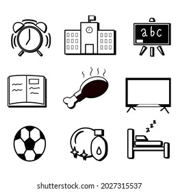 icon set for routine in school life such as alarm clock lesson play football do chores,vector of school routine