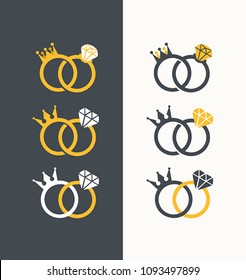Icon set of Royal Wedding Rings. Wedding rings with a crown and diamond.