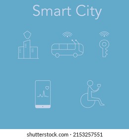 icon set for safe and smart city, bus, trolleybus, accessible environment, man in wheelchair, melicin in smartphone