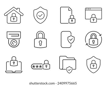 conjunto de iconos Seguridad, seguridad, protección iconos de línea delgada. Para el diseño de marketing de sitios web, logotipos, aplicaciones, plantillas, interfaz de usuario, etc. Ilustración vectorial. Pasos 10