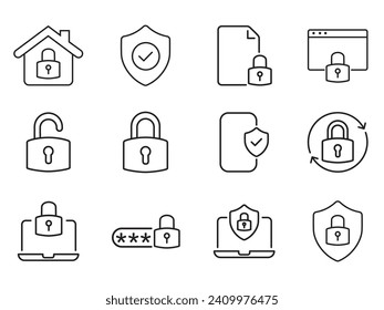 icon set Safety, security, protection thin line icons. For marketing design of websites, logos, apps, templates, UI, etc. Vector illustration. eps 10