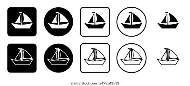 Icon set of sailing boat symbol. Filled, outline, black and white icons set, flat style.  Vector illustration on white background
