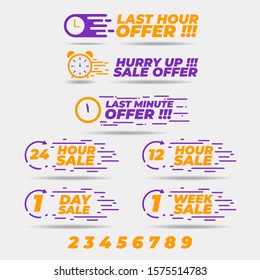 Icon Set Sale Countdown badges. Last hour offer, one day sales, 24 hour sale and numeric. business limited special promotions, best deal badge. Isolated vector stock 