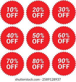 Icon set of sale promotion discount percent off price tag label sticker coupon button banner. Red vector illustration isolated on white or transparent background