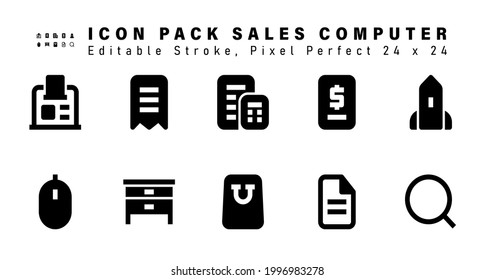Icon Set of Sales Computer Glyph Icons. Contains such Icons as  Rocket, Mouse, Furniture, E Commerce etc. Editable Stroke. 24 x 24 Pixel Perfect