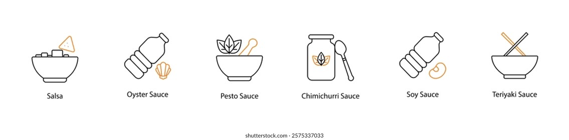 Icon Set: Salsa, Oyster, Pesto, Chimichurri, Soy, and Teriyaki Sauces