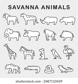 Icon-Set Savanne Tiere Wild Africa Safari Zoo Moderne Einfache Dicke Linie Illustration Paket Zeichen Symbol minimalistisch