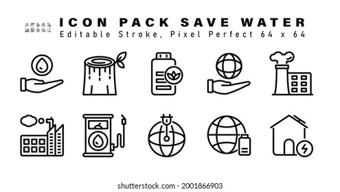 Symbolsatz der Symbole der Wasserlinie speichern. Enthält Symbole wie Luftverschmutzung, Fabrik, Biokraftstoff, Elektrische Stecker usw. Bearbeitbare Stroke. Pixel perfekt