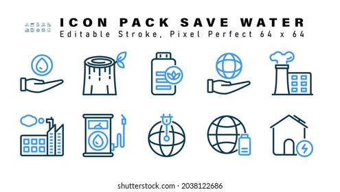 Conjunto de iconos para guardar dos iconos de color de agua. Contiene iconos como la contaminación del aire, la fábrica, el biocombustible, el enchufe eléctrico, etc. 64 x 64 Pixel Perfecto