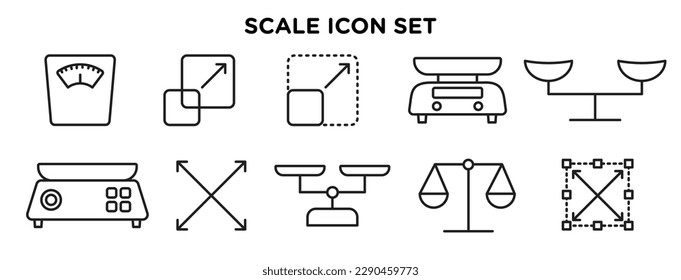 Icon set of the scale vector icon. collections of the digital and traditional weighing machine, screen scale, and object scaling icons