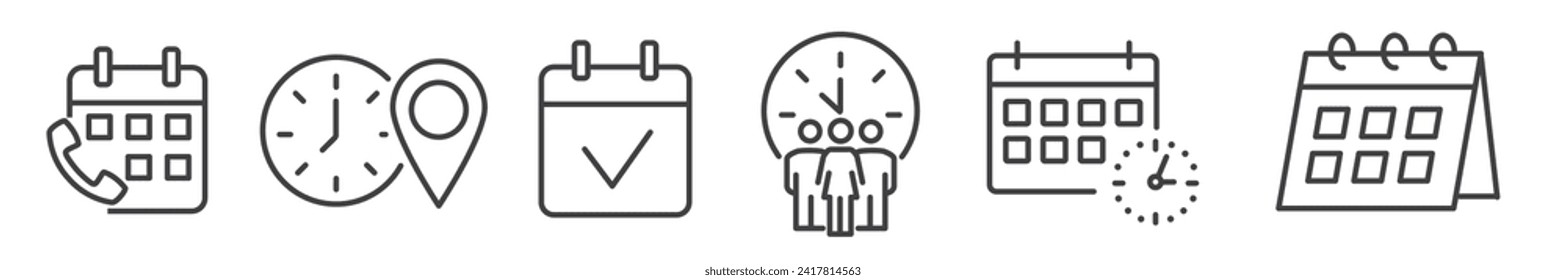 Symbolsatz, Datum und Kalender - Vektorgrafik - Sammlung bearbeitbarer Thin Line-Symbole auf weißem Hintergrund für Web und Print
