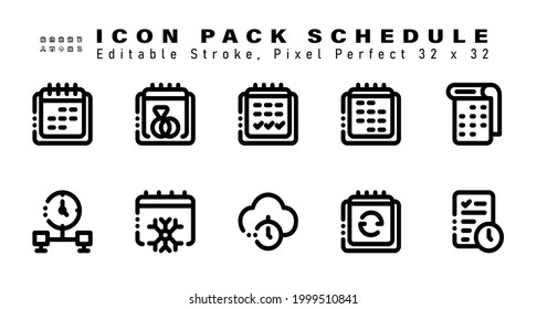 Icon Set of Schedule Line Icons. Contains such Icons as Monthly Calendar, Working Time, Christmas, Cloud Time etc. Editable Stroke. 32 x 32 Pixel Perfect