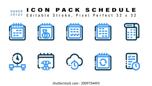 Icon Set of Schedule Two Color Icons. Contains such Icons as Monthly Calendar, Working Time, Christmas, Cloud Time etc. Editable Stroke. 32 x 32 Pixel Perfect