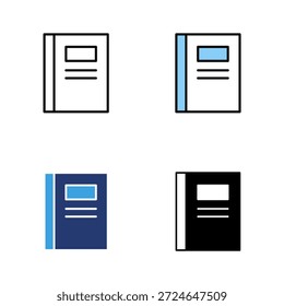 Conjunto de iconos libro escolar. Línea de icono, glifo y plano con color azul aislado fondo blanco.