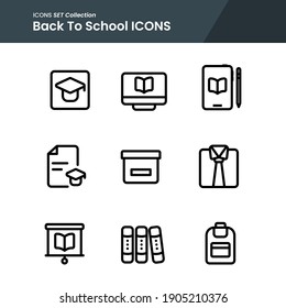 icon set of school elementary journal book, graduate, backpack and many more. with line style vector. suitable use for web app and pattern design.