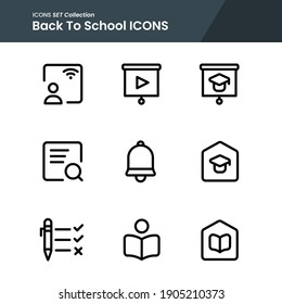 Icon Set Of School Elementary Zoom Call, E Learning, Bell And Many More. With Line Style Vector. Suitable Use For Web App And Pattern Design.
